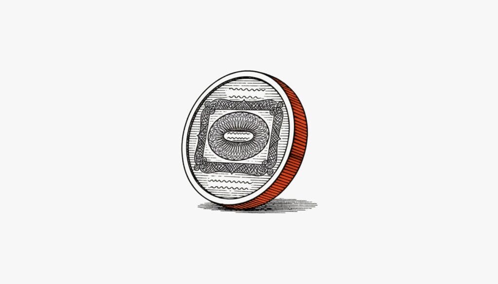 Engraved coin standing on its edge, its face patterned like an old stock certificate, with a vermilion milled rim.