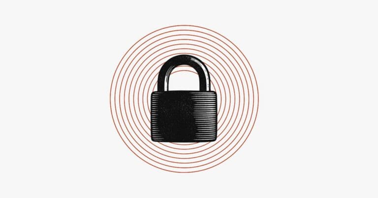 A black woodcut padlock at the center of thin vermilion concentric rings rippling outward on a pale background