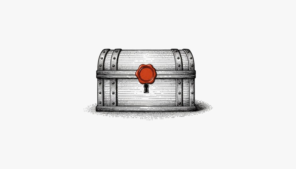 Ink-engraved antique strongbox with a vermilion wax seal across the lid seam, closed and untouched.