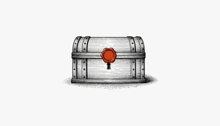 Ink-engraved antique strongbox with a vermilion wax seal across the lid seam, closed and untouched.