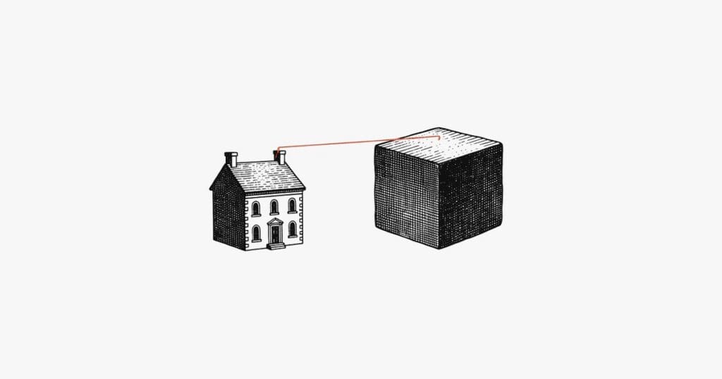 An engraved townhouse joined to a dense crosshatched block by one taut vermilion thread